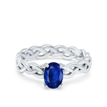 Celtic Weave Braided Style Oval Wedding Ring Simulated Blue Sapphire CZ 925 Sterling Silver